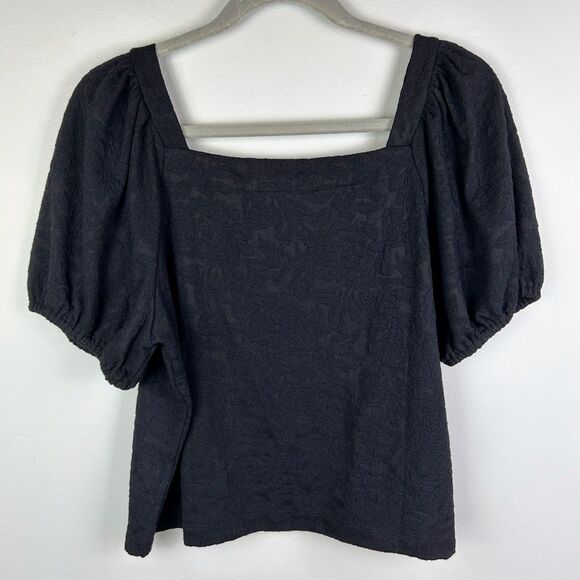 Loft Black Square Neck Puff Sleeve Floral Jacquard T Shirt Top Classic Gothic L - Picture 4 of 10